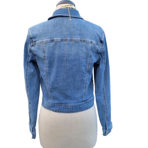 Celebrity Pink Distressed Denim Jacket Button Up Rollable Sleeve Womans Small - Picture 3 of 13